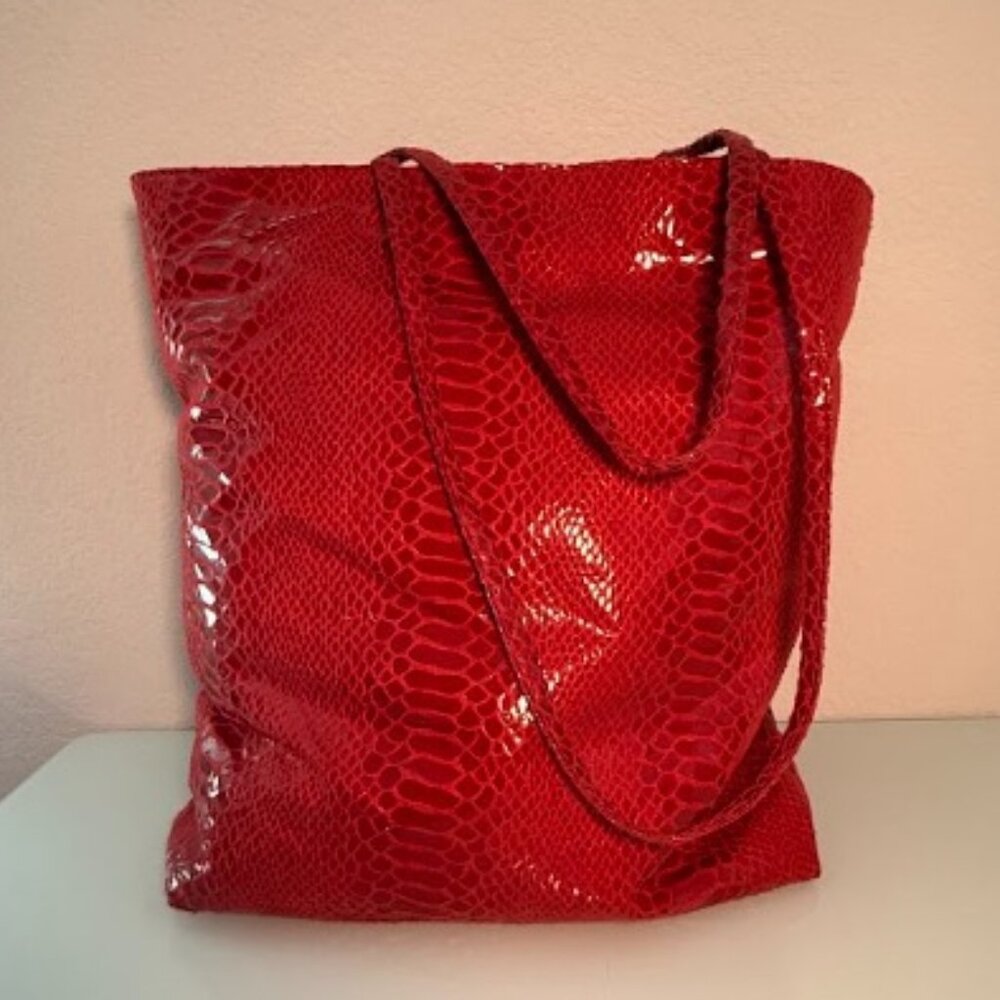 Vivid Red Snakeskin Tote Bag - Vegan LeatherGlossy Shoulder Bag